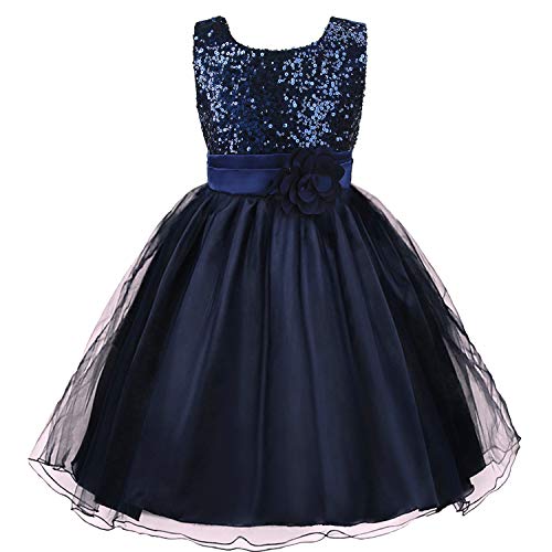 discoball Mädchen Kleid Pailletten Blumen Kleider Kinder Festkleid Spitzenkleid Prinzessin Hochzeit Brautjungfer Party Kostüm Ärmellos Tüll Taufkleid Kommunionkleid (Dunkelblau, 4-5 Jahre) von discoball