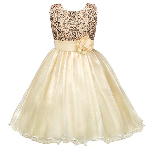 discoball Mädchen Kleid Pailletten Blumen Kleider Kinder Festkleid Spitzenkleid Prinzessin Hochzeit Brautjungfer Party Kostüm Ärmellos Tüll Taufkleid Kommunionkleid (Gold, 10-11 Jahre) von discoball