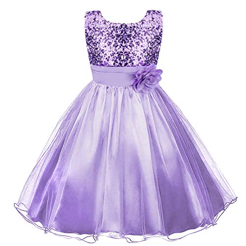 discoball Mädchen Kleid Pailletten Blumen Kleider Kinder Festkleid Spitzenkleid Prinzessin Hochzeit Brautjungfer Party Kostüm Ärmellos Tüll Taufkleid Kommunionkleid (Lila, 11-12 Jahre) von discoball