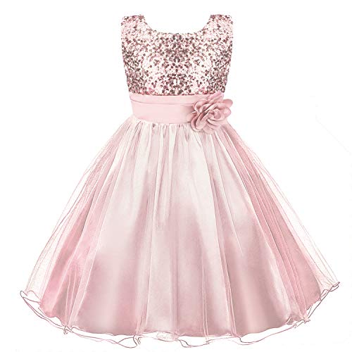 discoball Mädchen Kleid Pailletten Blumen Kleider Kinder Festkleid Spitzenkleid Prinzessin Hochzeit Brautjungfer Party Kostüm Ärmellos Tüll Taufkleid Kommunionkleid, Rosa, 8-9Y(130 EU) von discoball