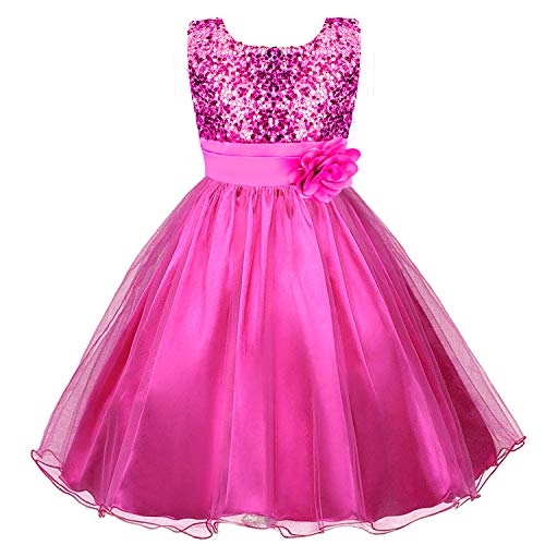 discoball Mädchen Kleid Pailletten Blumen Kleider Kinder Festkleid Spitzenkleid Prinzessin Hochzeit Brautjungfer Party Kostüm Ärmellos Tüll Taufkleid Kommunionkleid (Rosarot, 4-5 Jahre) von discoball