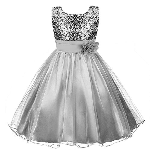 discoball Mädchen Kleid Pailletten Blumen Kleider Kinder Festkleid Spitzenkleid Prinzessin Hochzeit Brautjungfer Party Kostüm Ärmellos Tüll Taufkleid Kommunionkleid (Silber, 11-12 Jahre) von discoball