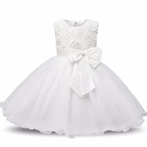 discoball Mädchen Prinzessin Kleid mit 3D-Blume, Rundhals, ärmellos für Party, Hochzeit, Geburtstag 5-6 Jahre Weiß von discoball