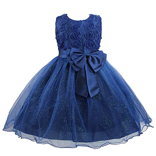 discoball Mädchen Spitze Blumenprinzessin Kleid aus 100% weiche Baumwolle für formelle Hochzeit,Brautjungfer,Party A-Linien-Kleid 5-6 Jahre Marineblau von discoball