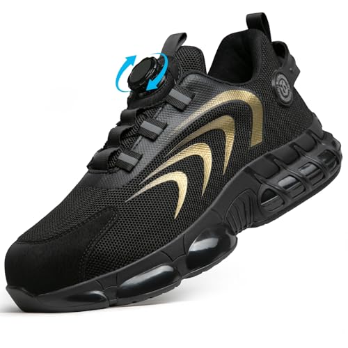 discoball Sicherheitsschuhe Herren und Damen Arbeitssicherheitsschuhe mit Stahlkappe leichte und atmungsaktive Arbeitsschuhe mit Drehverschluss-Schnürung und Luftpolsterung rutschfest von discoball