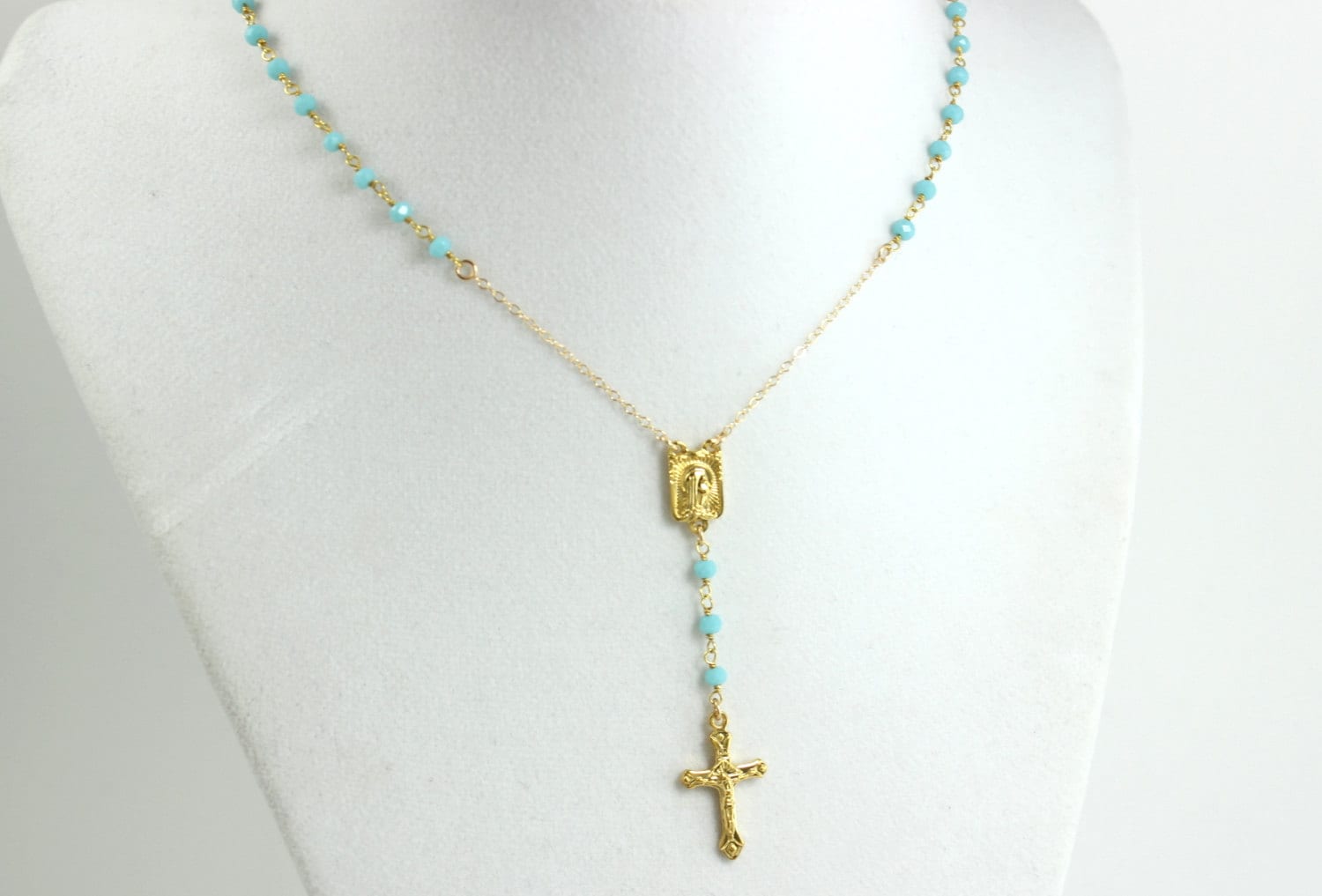 Rosenkranz Halskette Gold Gefüllt Kreuz Türkis Blau Opal Y Stil Lariat Benutzerdefinierte Schmuck Spirituelle Bedeutung Geschenk Für Sie von divinitycollection