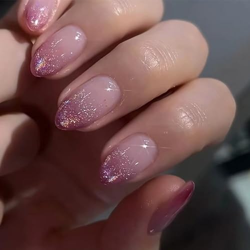 24 Stück Frauen-Nägel zum Aufdrücken, Farbverläufe, violett, schimmernd, kurze französische Spitze, Mandelform, zum Aufkleben auf künstliche Nägel von divuukyi
