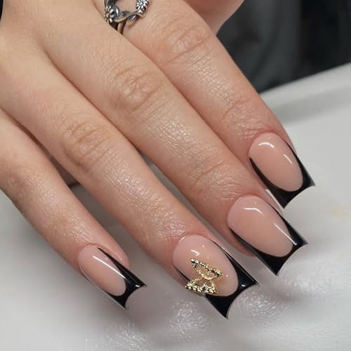 Künstliche Fingernägel, mittelgroß, quadratisch, Schmetterling, französische Spitze, zum Aufkleben, Festival, zum Aufdrücken, für Damen, 24 Stück von divuukyi