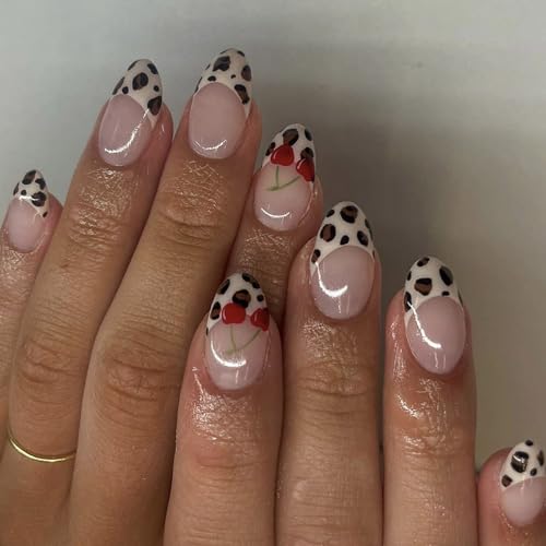 Künstliche Nägel mit Tierkirschen, kurze französische Mandel, zum Aufdrücken, für Damen, Nagelkunst, 24 Stück von divuukyi