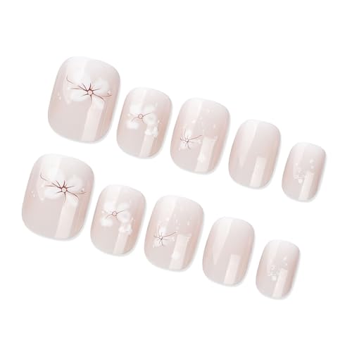 Kunstnägel mit kurzen französischen Spitzen, zum Aufdrücken, mit Blumendesign, halbtransparent, quadratisch, zum Aufkleben auf Nägel für Damen, 24 Stück von divuukyi