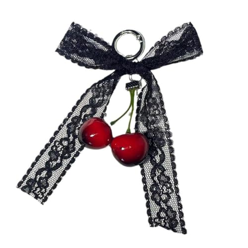 divuukyi Kirschen Anhänger Schlüsselanhänger mit Schleife, modischer Kirschen Schlüsselanhänger mit Perlglanz-Schleife Akzent für Trendsetter, Schwarz , One size von divuukyi