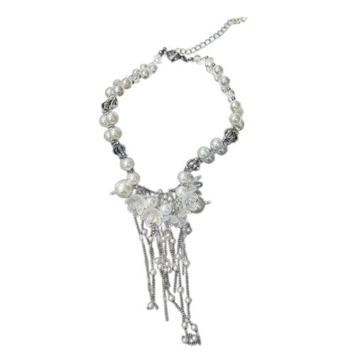 divuukyi Verstellbare Länge Perlenkette mit Blumenquasten Anhänger Choker Imitation Perle Schlüsselbeinkette Handgefertigter Schmuck, Kunstperlen von divuukyi