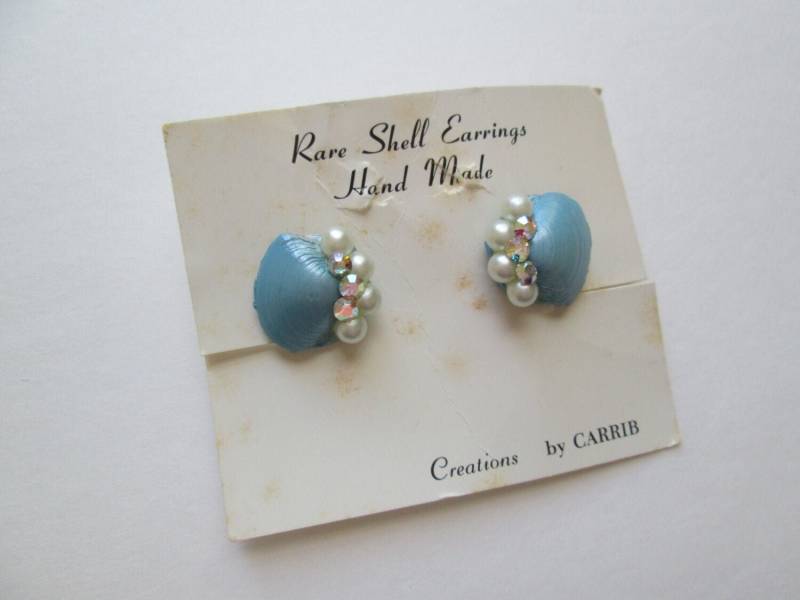 1940Er 1950S By The Sea Shell Screwback/Deadstock Vintage 50S Blue Novelty Ohrringe + Perlen Strasssteine von dixiefried