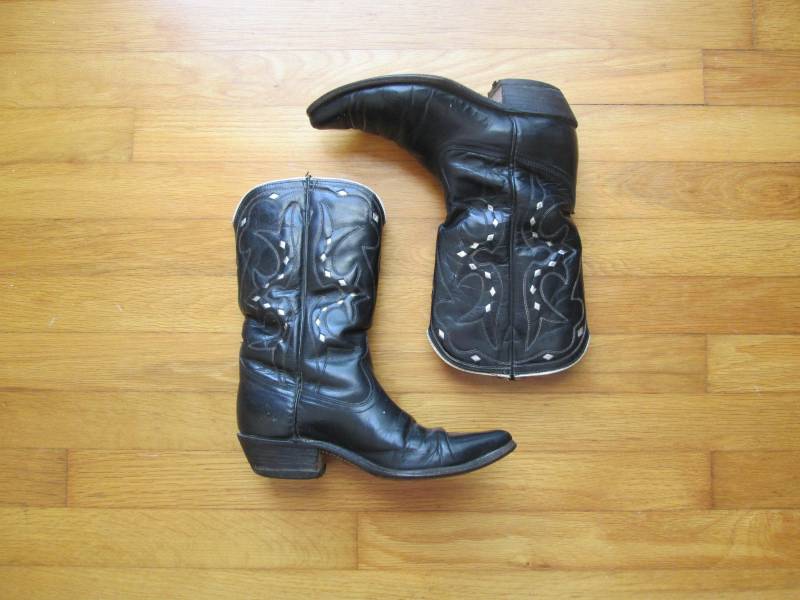 1940Er Rhonda Ranch Girl Boots/Vintage 40S Schwarze Westernstiefel + Schöne Cutouts Silber Inlays Paspol von dixiefried