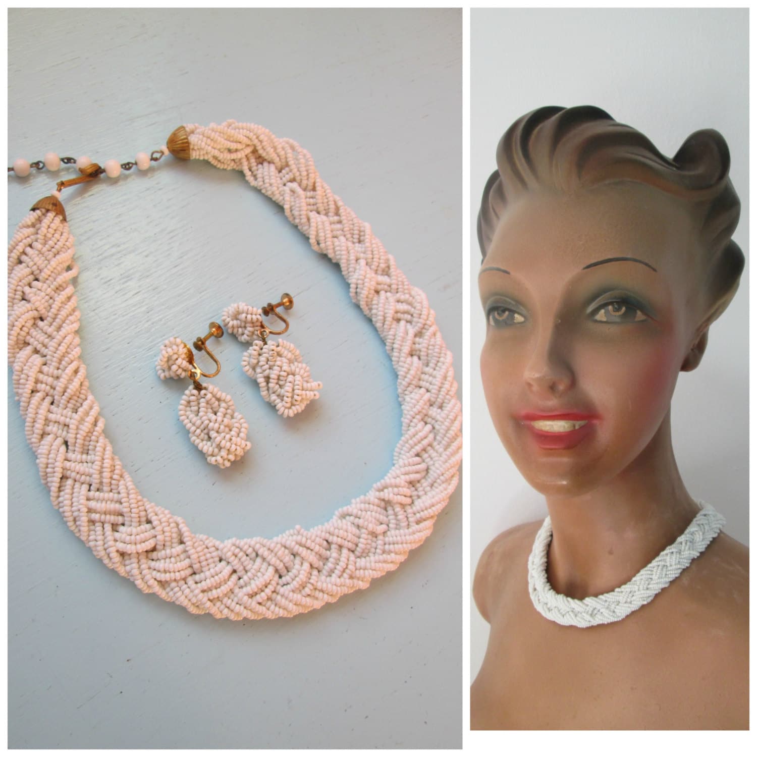 1940S Wunderschöne Geflochtene Perlenkette + Ohrringe/Vintage 40S Milchglas Chunky Halskette Set von dixiefried