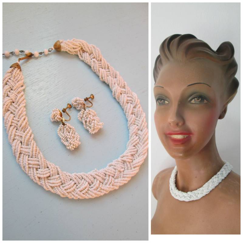 1940S Wunderschöne Geflochtene Perlenkette + Ohrringe/Vintage 40S Milchglas Chunky Halskette Set von dixiefried