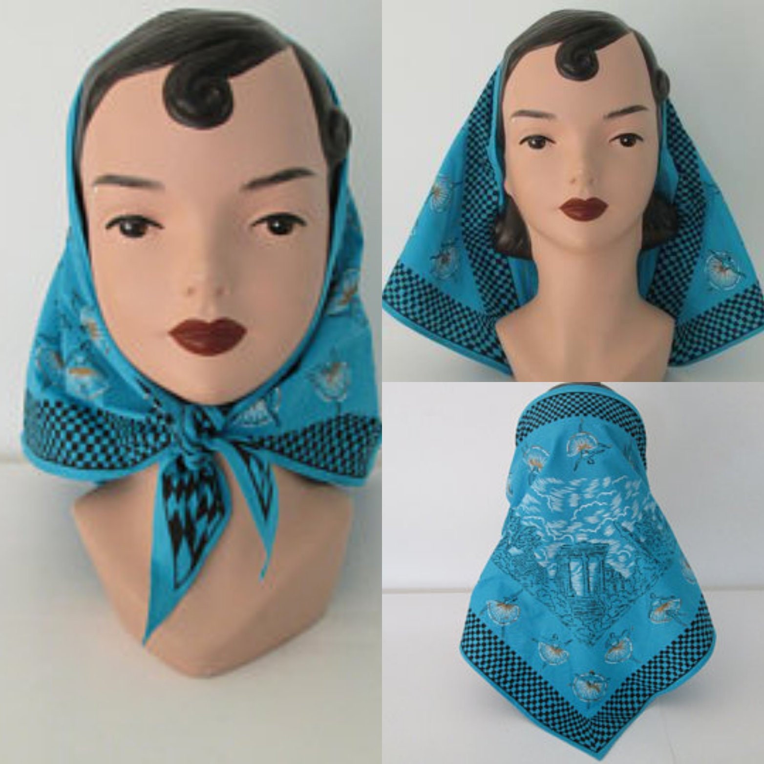 1950S Barb Best Ballerina Stirnband Vintage 50S Aqua Blau Baumwolle Tänzerin Print Kapuzenschal von dixiefried