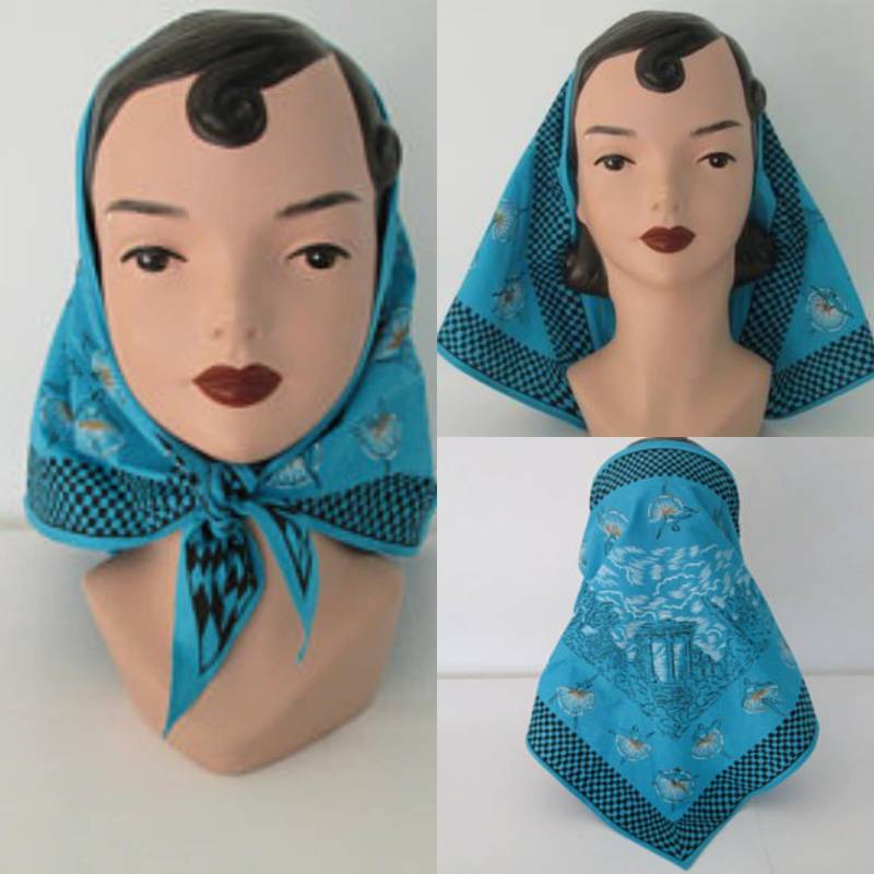 1950S Barb Best Ballerina Stirnband Vintage 50S Aqua Blau Baumwolle Tänzerin Print Kapuzenschal von dixiefried