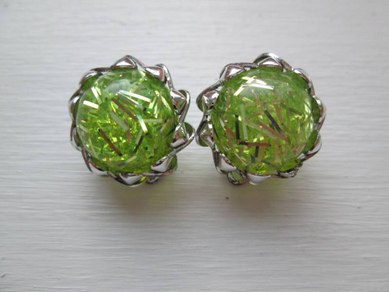 1950S Süßeste Chartreuse Konfetti Clips/Vintage 50S Grün + Silber Lucite Ohrringe von dixiefried