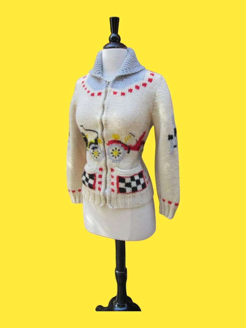 Hot Rod Girl Vintage 1950Er 50Er Jahre Wolle Handstrick Cowichan Mary Maxim Pullover Schalkragen von dixiefried