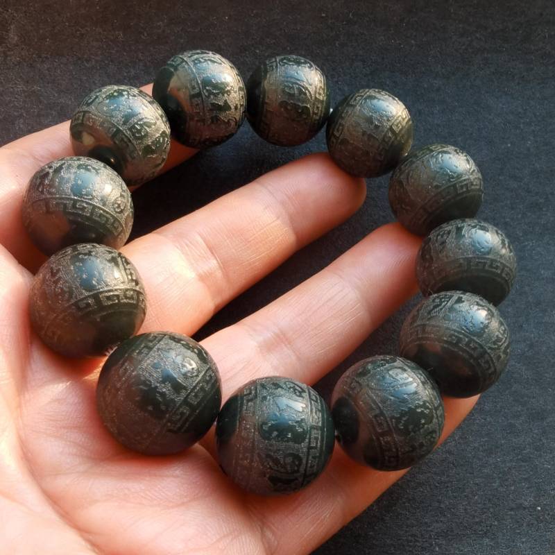 18 Mm Carving Fünf Fu Wort Natürliche Schwarze Grüne Jade Stein Perlen Armband, Frau, Mann, Amulett Stretch Armband von diygem