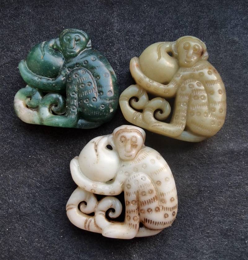 3D Monkey Peach Langes Leben Carving Grün Weiß Jade Stein Anhänger, Double Face Jade, Good Glück Amulett Für Die Herstellung Von Handgemachten von diygem
