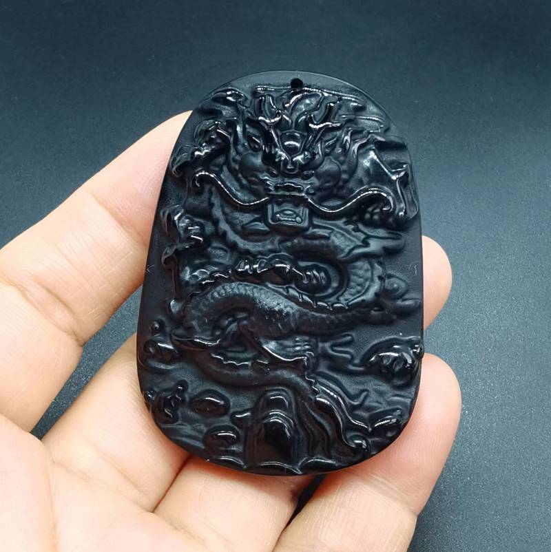 Drache-Schwarzer Obsidian Anhänger Oval Amulett Halskette von diygem