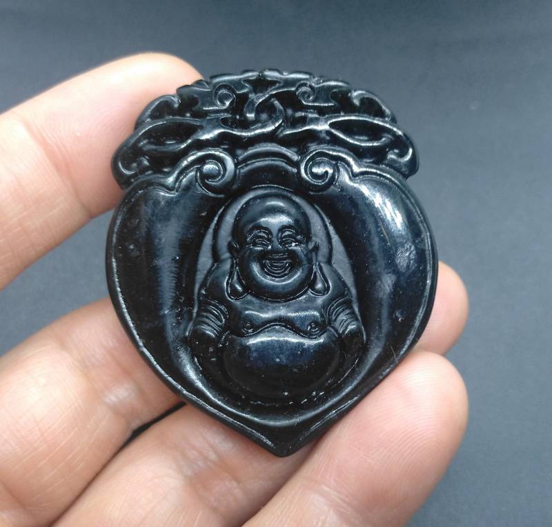 Geschnitzter Buddha Jade Anhänger Schwarz Grüner Amulett Talisman von diygem