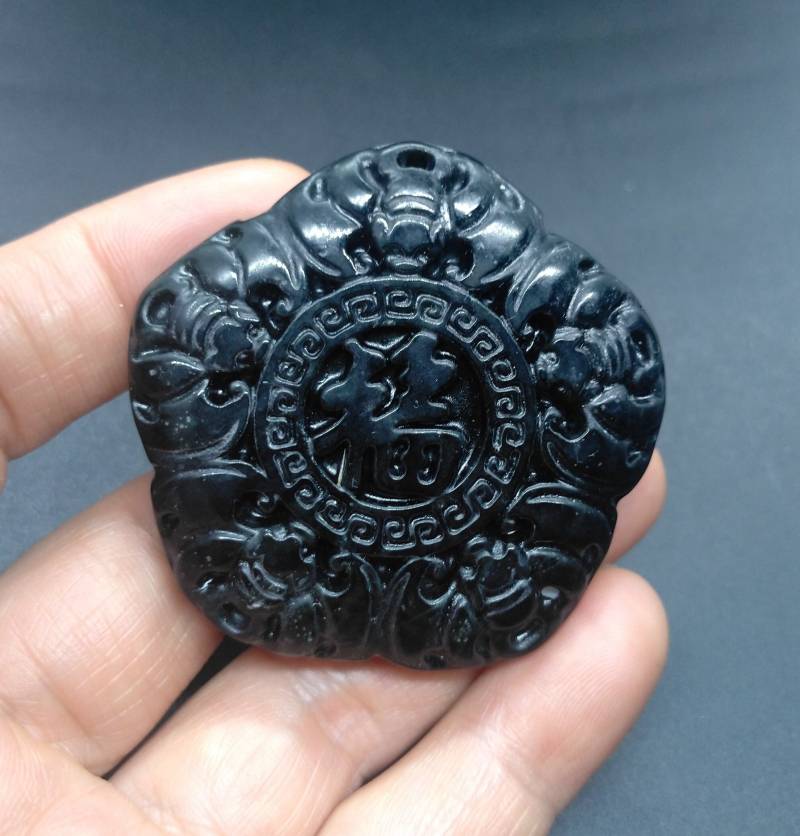Geschnitzter Schwarz Grüner Jade Anhänger Fünf Fledermäuse Fu Amulett Talisman von diygem
