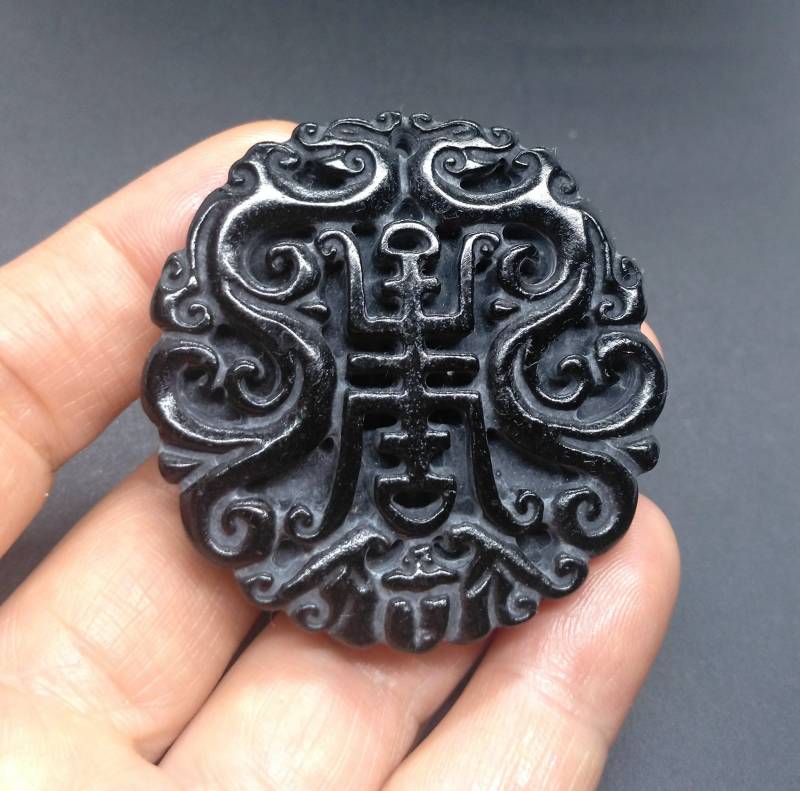 Geschnitzter Schwarzer Jade-Drachen-Anhänger Langes Lebens-Amulett Talisman von diygem