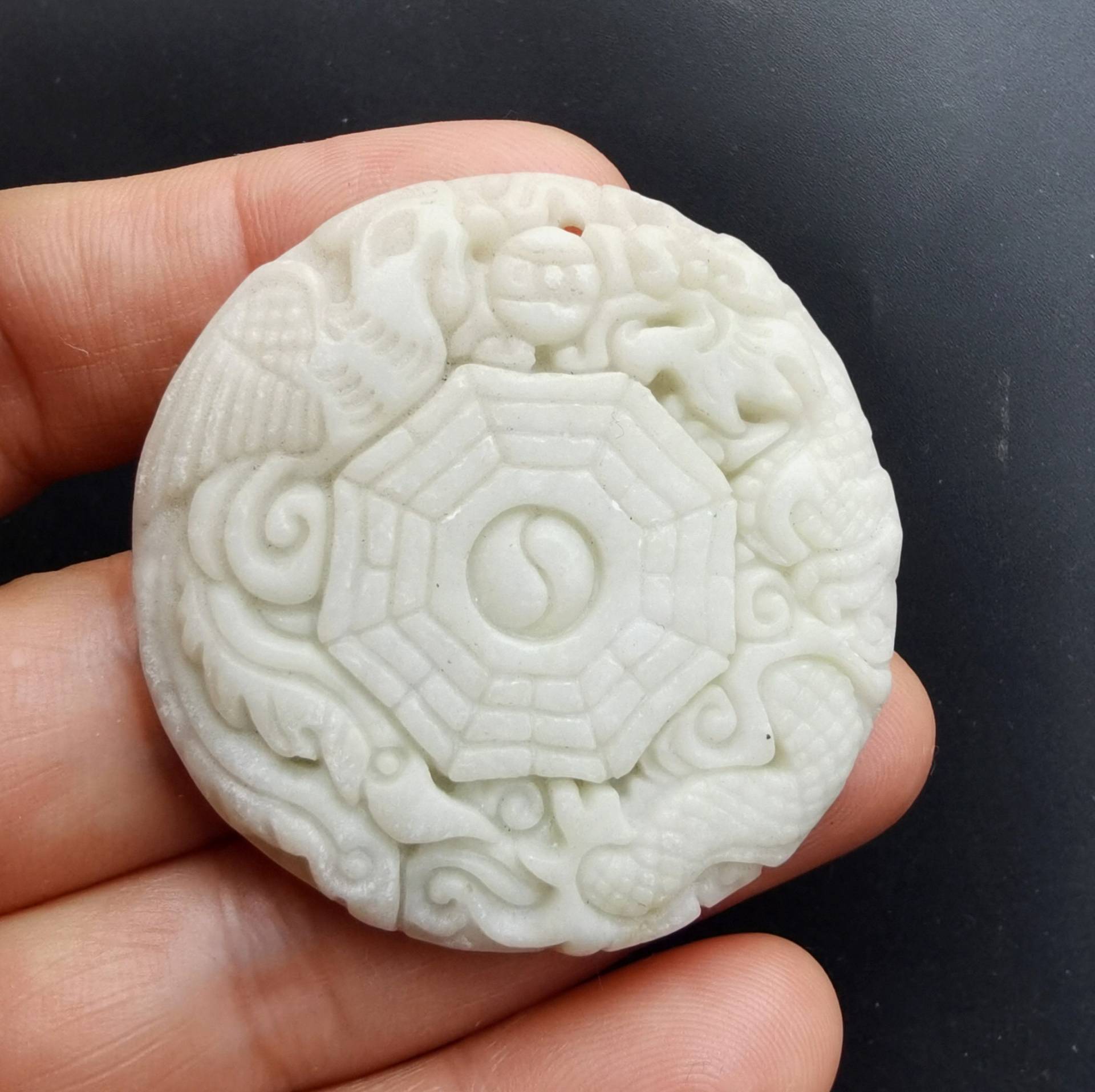 Geschnitzter Weißer Jade Drache Phoenix Anhänger Amulett Acht Diagramme von diygem