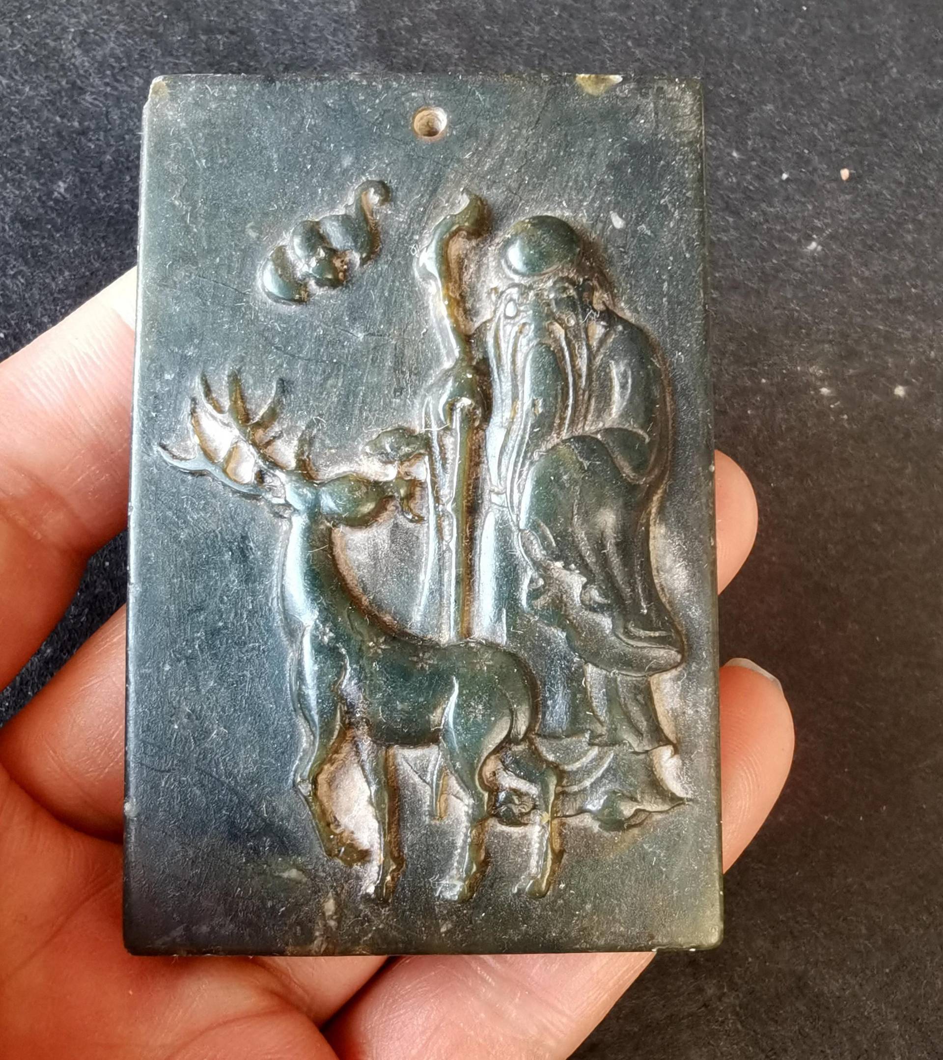 Langlebigkeit Mensch, Hirsch, Fledermaus Rechteck Natur Schwarz Grünjaspis Jade Stein Anhänger, Edelstein Perle Schmuck Zb von diygem