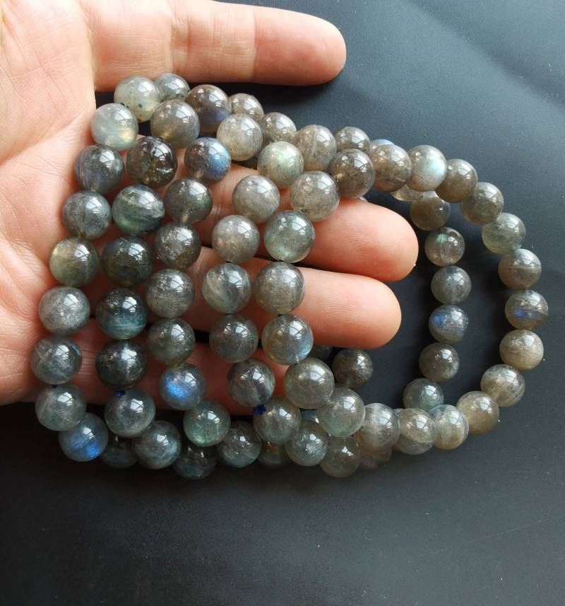 Natürliche Blue Flash Labradorit Kristall Armband, 9.5 Mm-10 Mm, Glatt Runde Graue Quarz Frau Geschenk, Mann Stretch Armband von diygem
