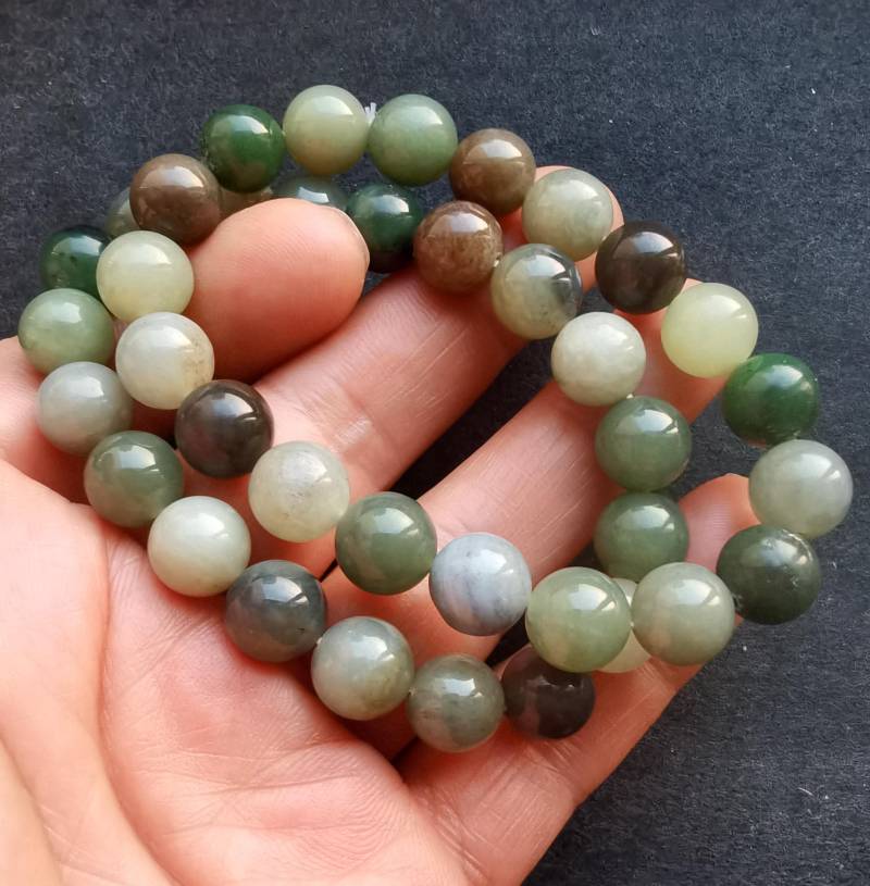 Runde Natürliche Regenbogen Grün Braun Grau Jade Stein Perlenarmband, Unbehandelt, Amulett Stretch Armband von diygem