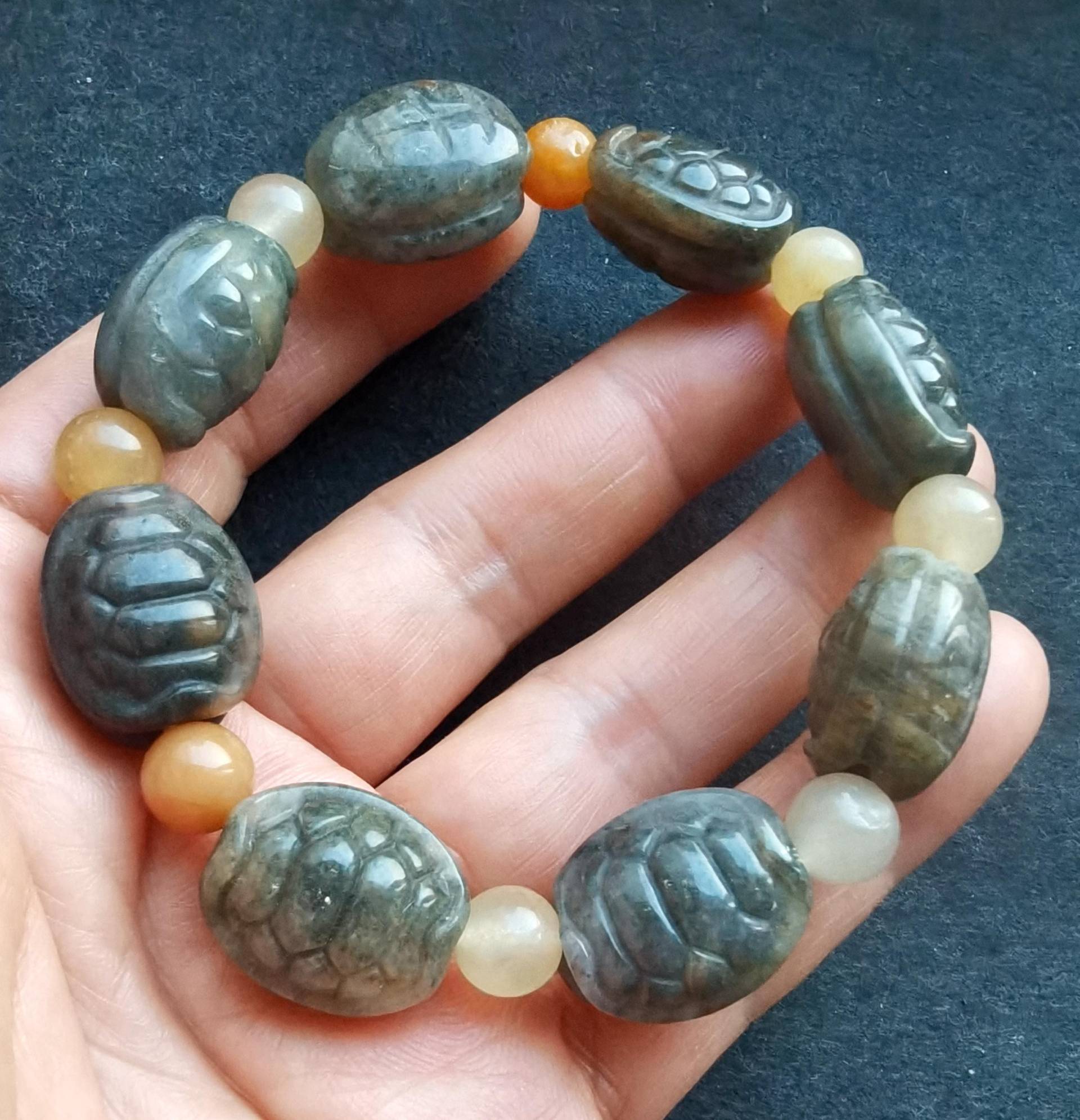 Schildpatt, Carving Natürliche Jade Stein Perlen Armband, Frau, Mann, Amulett Stretch Armband von diygem