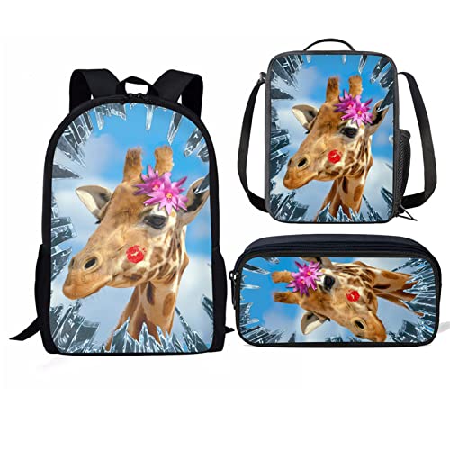 djfhwvjxt Kinder-Schultaschen-Rucksack-Sets für Teenager, Mädchen, Jungen, inklusive Lunchtasche und Federmäppchen, 3-in-1-Büchertasche, niedlicher 3D-Giraffen-Druck, Coole Giraffe, Einheitsgröße, von djfhwvjxt