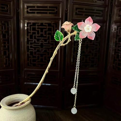 2 Stück Haarstäbe, Haarspangen for Frauen, Blumen-Haarstäbchen for Dutts, Quastenkette, dekorative Stäbchen, Haar-Accessoires, ästhetische Haarnadeln(Pink) von djgkENVQ