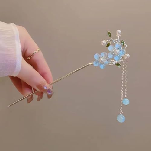 Haarstäbchen, 2 Stück Haarspangen for Damen, Haarstäbchen mit Perlen und Blumen for Dutts, dekorative Essstäbchen mit Quastenkette, Haarschmuck, ästhetische Haarnadeln(Blue) von djgkENVQ