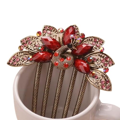 Haarstäbchen, 2 Stück Haarstäbe, Haarkamm for Dutts, Strass-Pfau, dekorative Haarnadeln, Haar-Accessoires, elegante Haarspangen, rot(Red) von djgkENVQ