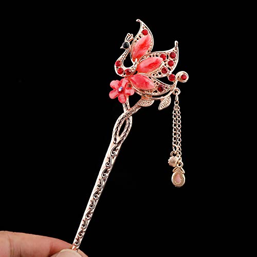 Haarstäbchen, 2 Stück Haarstäbe for Dutts, Pfauenquastenkette, Haarstäbchen, elegante Haarnadeln, modische Essstäbchen, Haar-Accessoires for dickes Haar(Red) von djgkENVQ