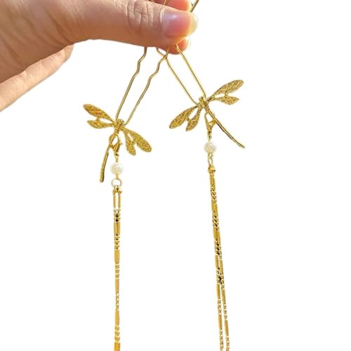 Haarstäbchen, 2 Stück baumelnde Haarstäbe, U-förmige Haargabel for Dutts, traditionelle chinesische Haarnadeln im klassischen Stil, Haar-Accessoires, dekorative Haarspangen in Libellenform mit Kette(G von djgkENVQ
