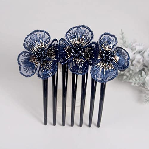 Haarstäbchen, 2 Stücke Stickerei Blumen Haarspange Haarspange Elegante Haar-Accessoires Haarkamm 7 Zahn Haarnadeln Kamm for Frauen Dutt(Dark Blue) von djgkENVQ