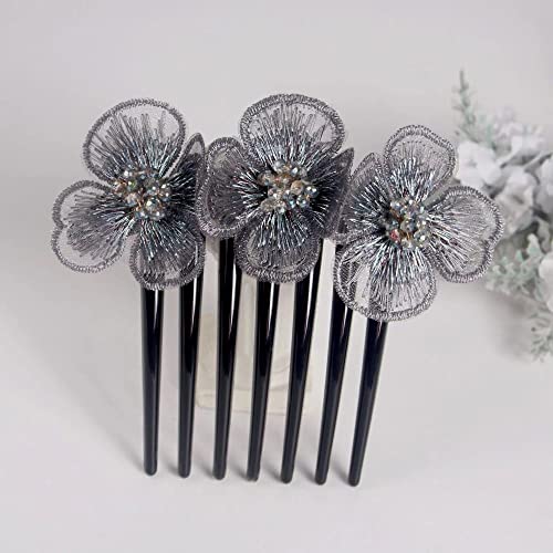 Haarstäbchen, 2 Stücke Stickerei Blumen Haarspange Haarspange Elegante Haar-Accessoires Haarkamm 7 Zahn Haarnadeln Kamm for Frauen Dutt(Gray) von djgkENVQ