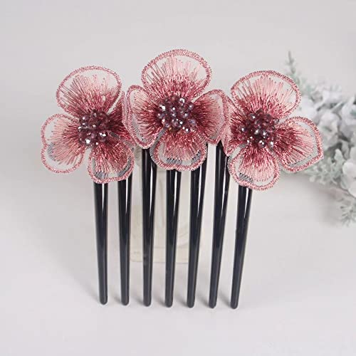 Haarstäbchen, 2 Stücke Stickerei Blumen Haarspange Haarspange Elegante Haar-Accessoires Haarkamm 7 Zahn Haarnadeln Kamm for Frauen Dutt(Pink) von djgkENVQ