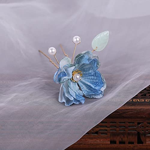 Haarstäbchen, 4 Stück Haarstäbe, U-förmige Haargabel for Dutts, dekorative Haarspangen mit Perlenblumen, Haarnadeln, Haar-Accessoires, traditionelle Haarspangen im klassischen Stil for Frauen(Blue) von djgkENVQ