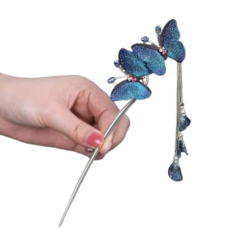 Haarstäbchen, Blaue Stickerei Schmetterling Haarstäbe Baumeln Quaste Kette Haarstäbchen Elegante Haarnadeln Stick Chinesische Klassische Essstäbchen Haar-Accessoires for dickes Haar von djgkENVQ