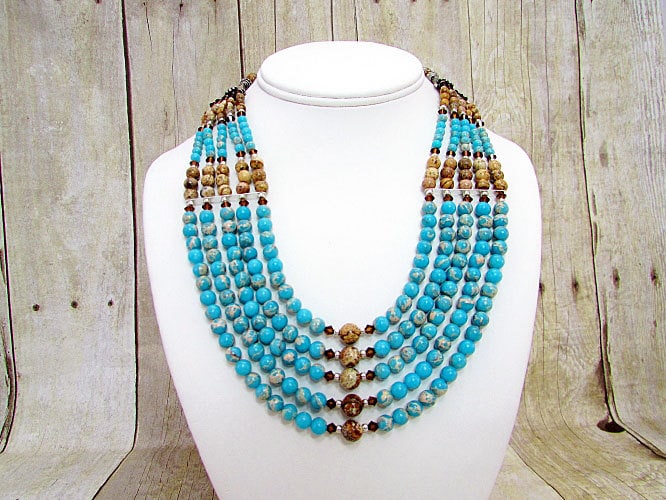 Blaue Impression & Bild Jaspis Fünfstrang Halskette von dkelleysdesigns