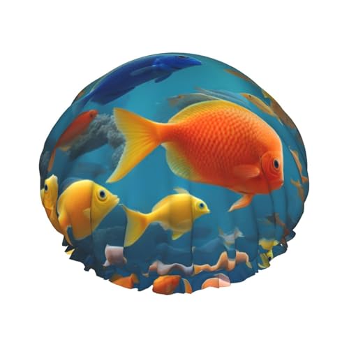 Badehaube mit buntem Fisch-Druck, mit Gummiband, doppellagig, wasserdicht, für Damen und Herren Badehaube mit buntem Fisch-Druck, mit Gummiband, doppellagig, wasserdicht, für Damen und Herren von dkkuvt