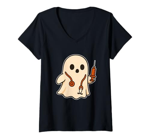 Damen Doctor Ghost mit Stethoskop T-Shirt mit V-Ausschnitt von doctor ghost stethoscope syringe medical halloween