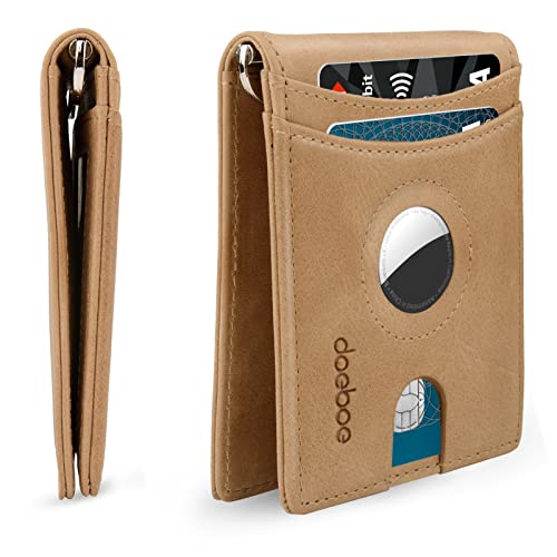 doeboe AirTag Geldbörse, echtes Leder, Kreditkarte, Bifold Wallet mit Geldclip, minimalistische RFID-Blockierung, schlanke Fronttasche, Airtags-Halter, mit Geschenkbox, braun von doeboe